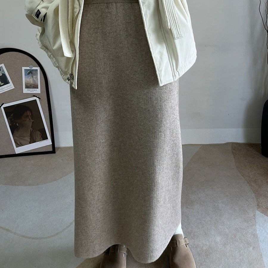 Jupe midi polaire hiver | Jupe en maille chaude taille haute avec fente latérale (MS207)