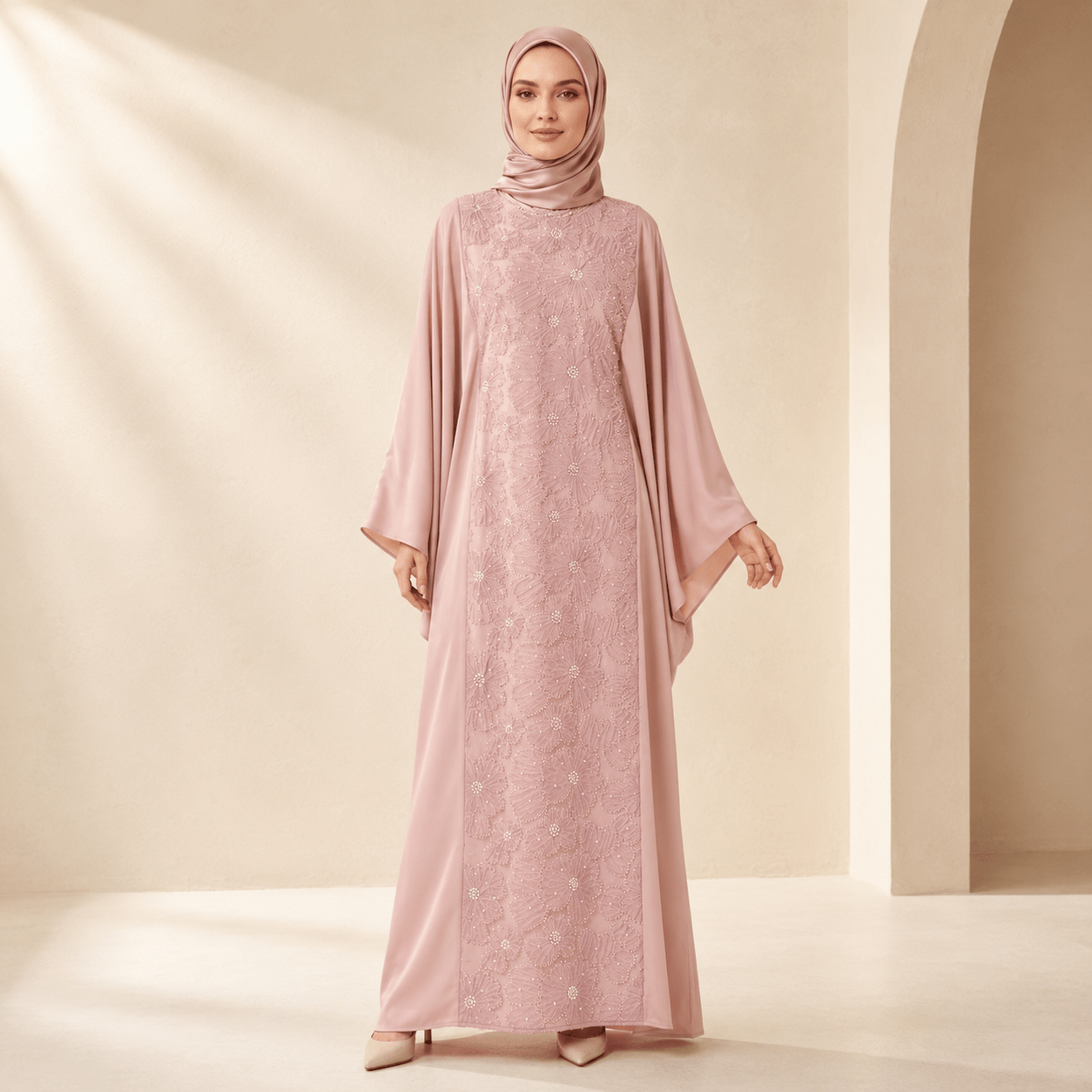 Abaya Chauve-Souris Luxe en Ruban 3D Brodé avec Ceinture Ajustable (MA431)