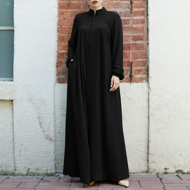 Cardigan long à col montant et fermeture éclair, avec poches | Abaya robe longue maxi modeste (MA155)