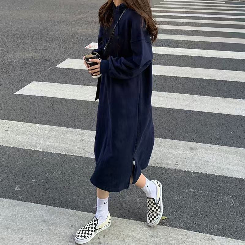 Robe Maxi Pull à Capuche Confort | Robe Mi-Longue Doublée en Polaire avec Fentes Latérales (MS137)