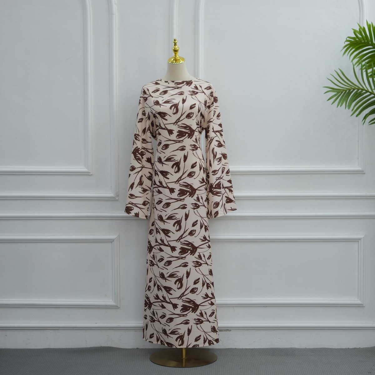 Robe Maxi Imprimée à Manches Cloche Froissées-Délavées (MS474)