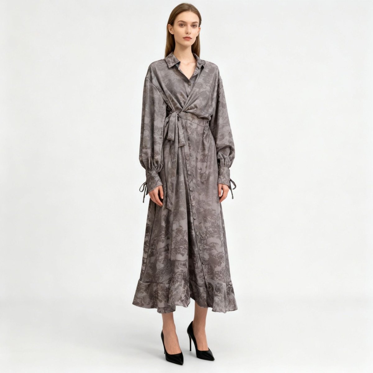 Robe Portefeuille en Jacquard Floral | Robe Maxi à Col et Manches Nouées (MS257)