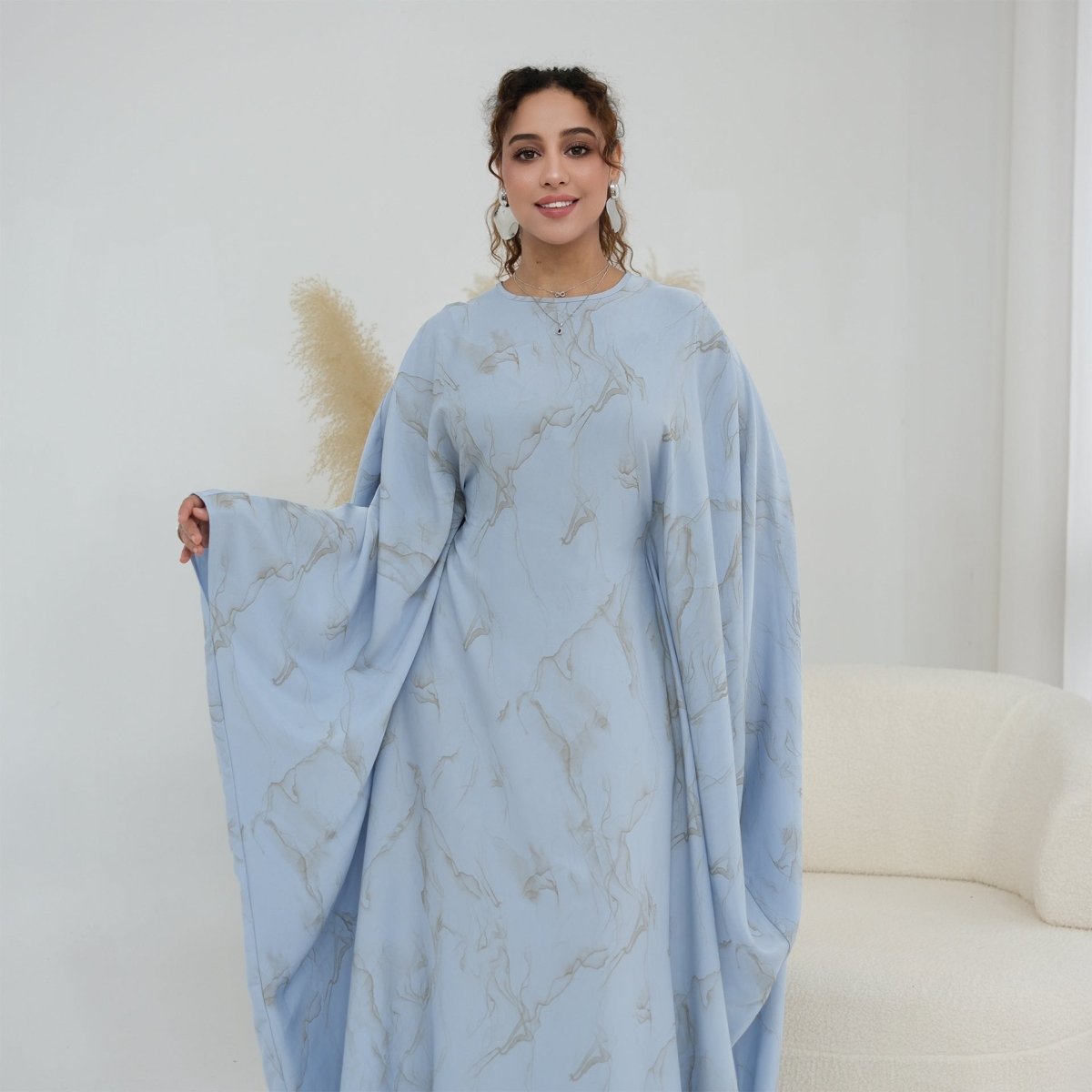 Robe Longue Imprimée à Manches Chauve-Souris (MA446)