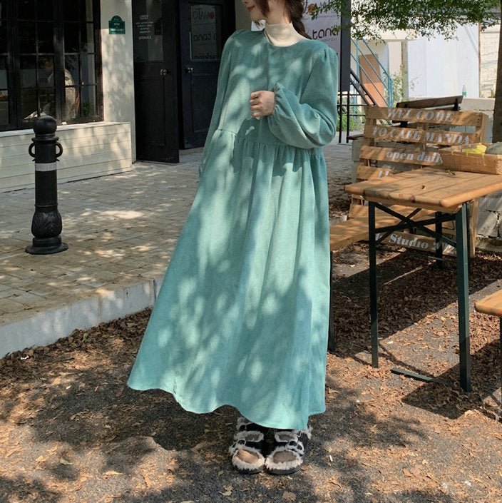 Robe Maxi en Velours Côtelé Français à Manches Lanterne | Robe Froncée à Poignets Élastiques (MS206)