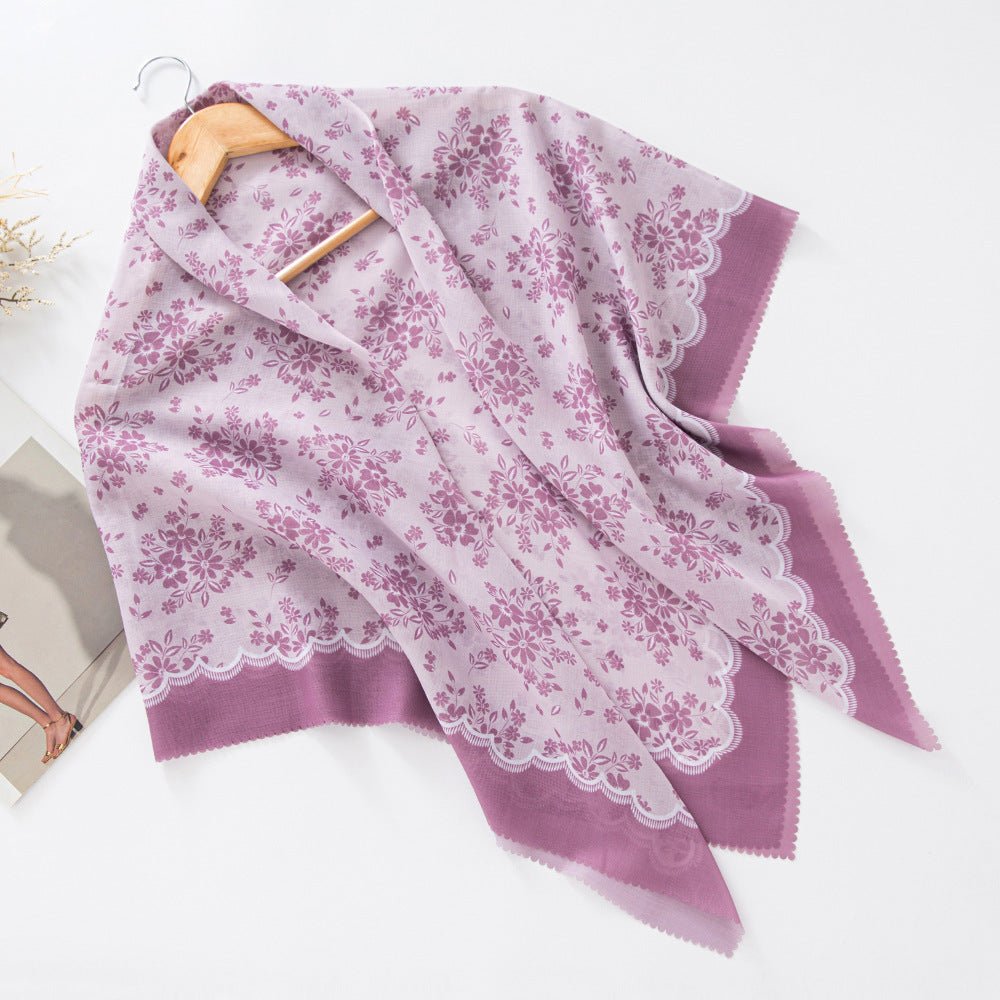 Hijab en voile MH072 à imprimé floral carré, à bordure ondulée