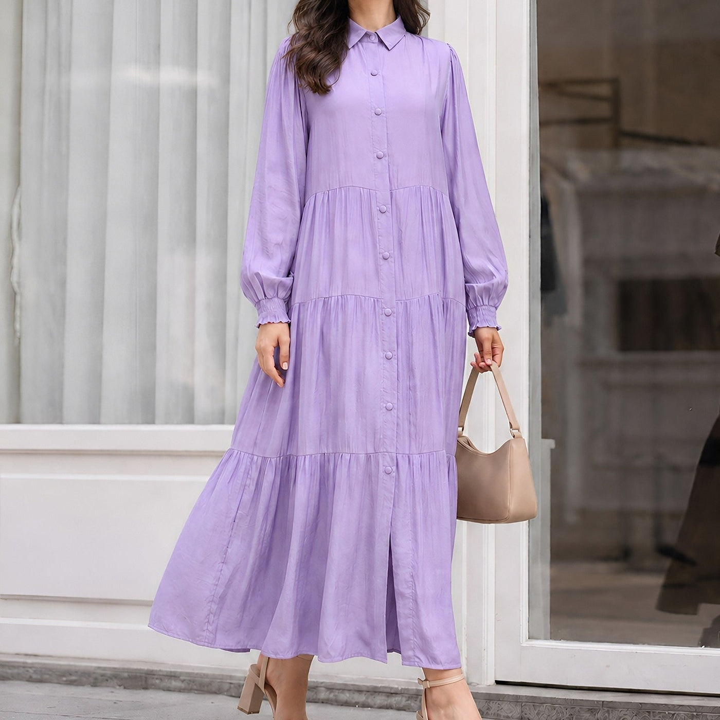 Robe Maxi à Encolure Chemise, Boutons et Volants Étagés (MA465)