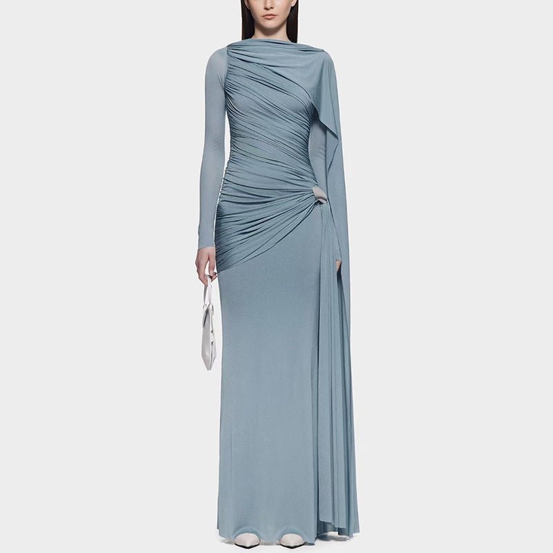 Robe Longue Cape Drapée en Diagonale | Robe Maxi Asymétrique à Manches Longues Drapées (MS222)