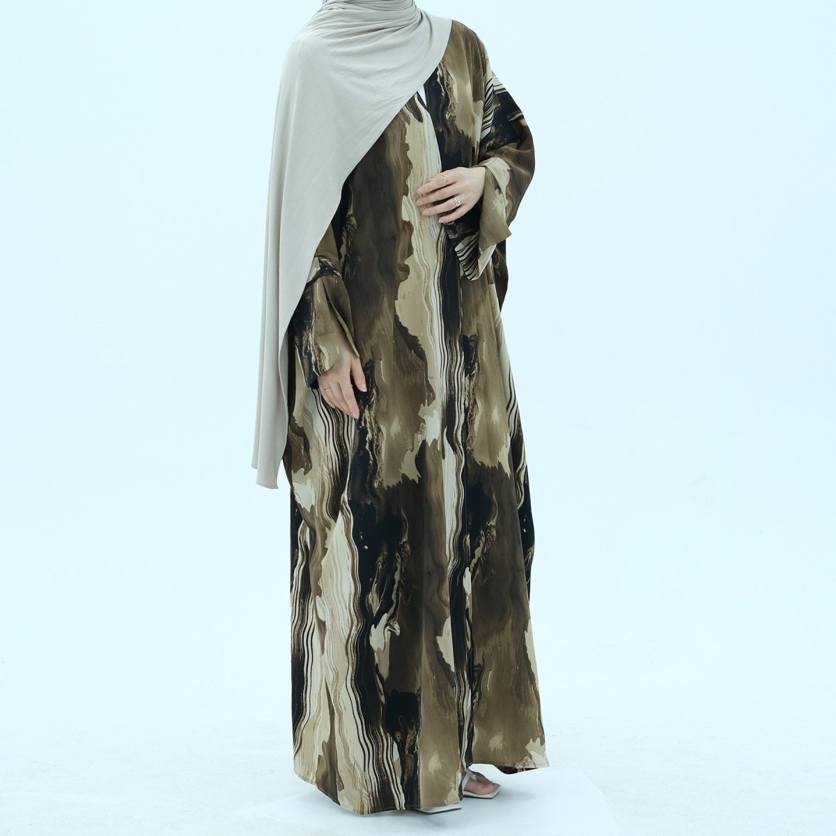 Cardigan Abaya imprimé élégant, motifs floraux géométriques artistiques, mode islamique modeste (MOA154)