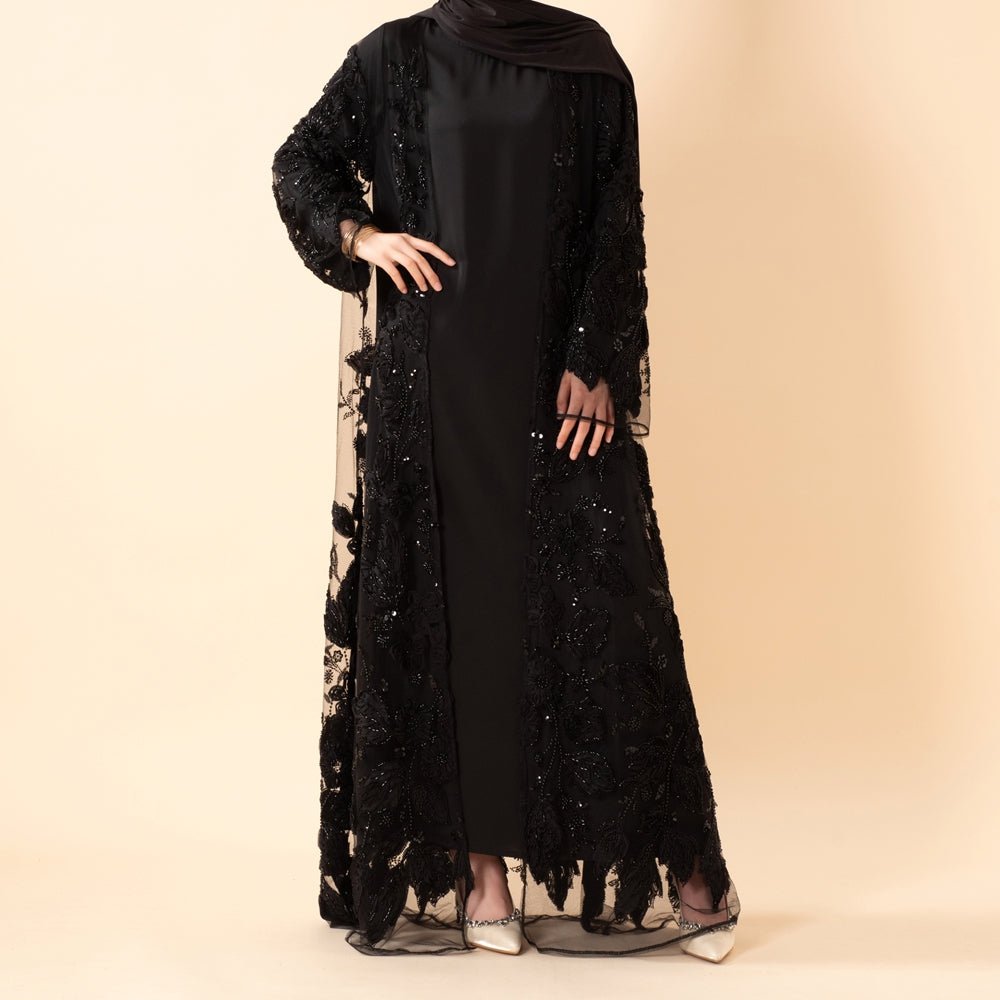 Abaya ouverte de luxe couture ornée de fleurs 3D (MOA300)
