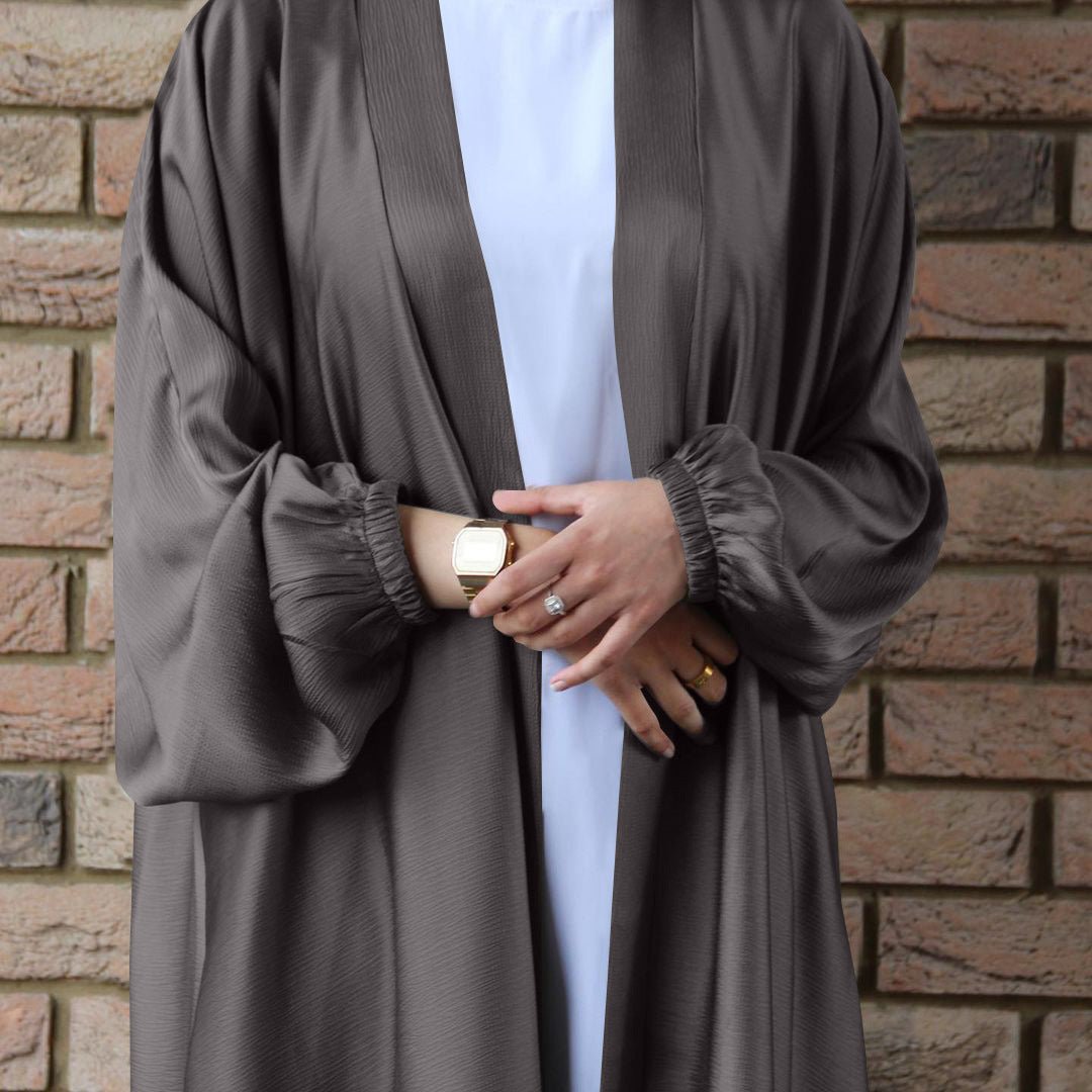 Abaya Ouverte en Satin à Manches Froncées (MOA048)