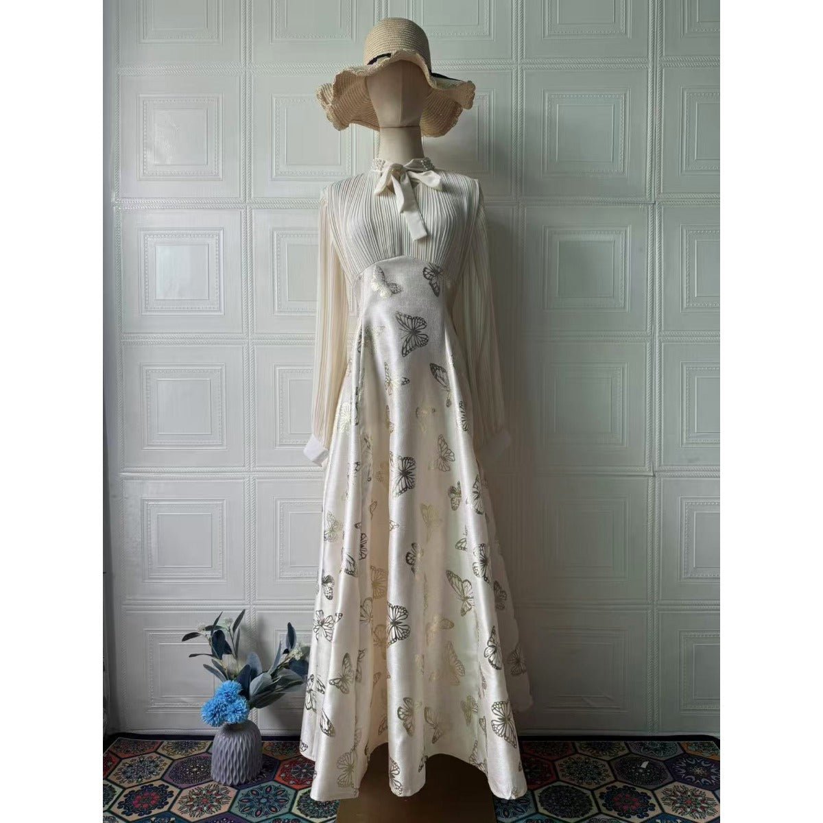 Robe Maxi Élégante à Manches Longues, Abaya à Motif Papillon / Robe Longue (MA219)