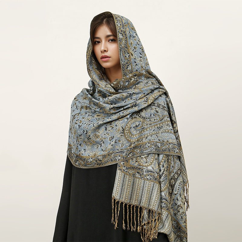Hijab Vintage Shawl à Motif Fleur de Cajou avec Pompons (MH101)