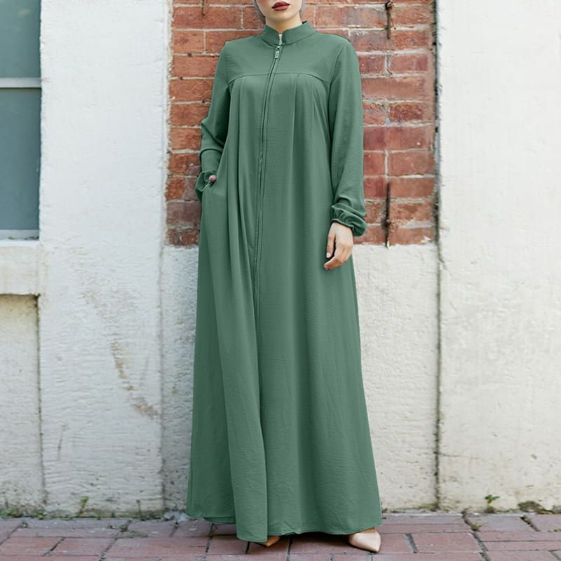 Cardigan long à col montant et fermeture éclair, avec poches | Abaya robe longue maxi modeste (MA155)