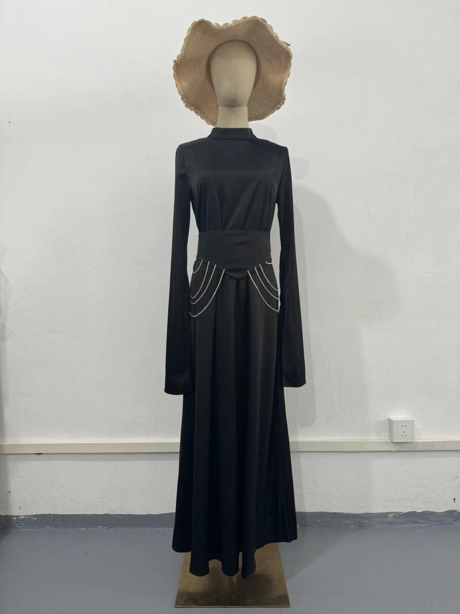 Robe Abaya Satinée Style Cour Élégante Semi-Col Roulé Manches Longues Printemps (MA194)
