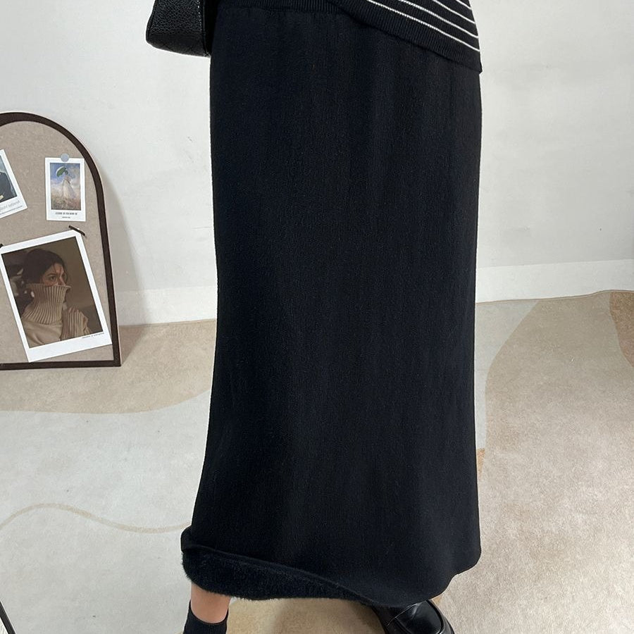 Jupe midi polaire hiver | Jupe en maille chaude taille haute avec fente latérale (MS207)