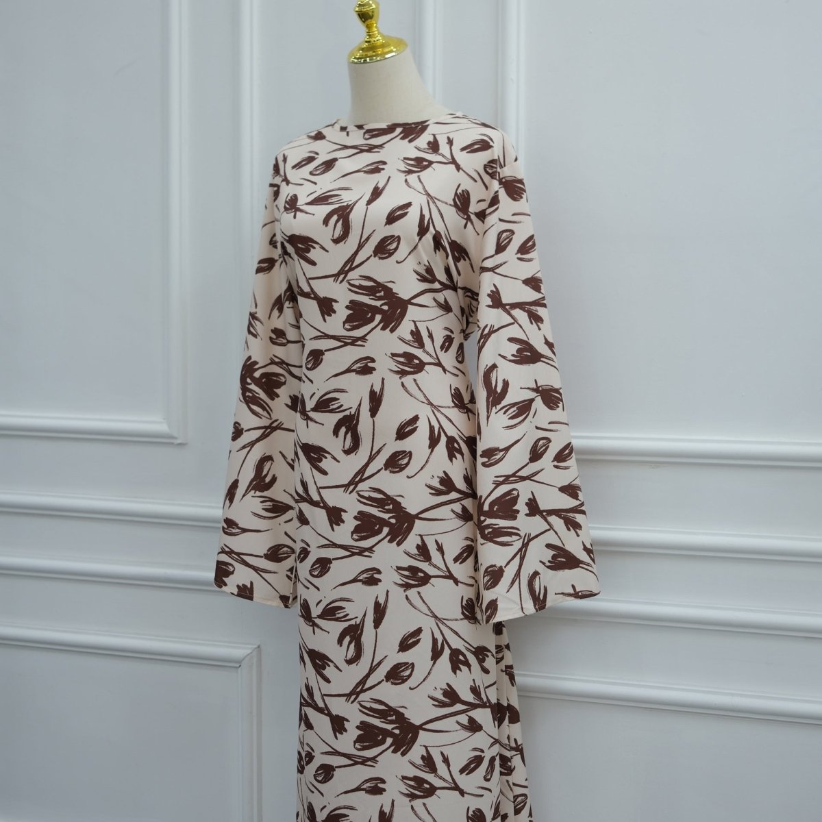 Robe Maxi Imprimée à Manches Cloche Froissées-Délavées (MS474)
