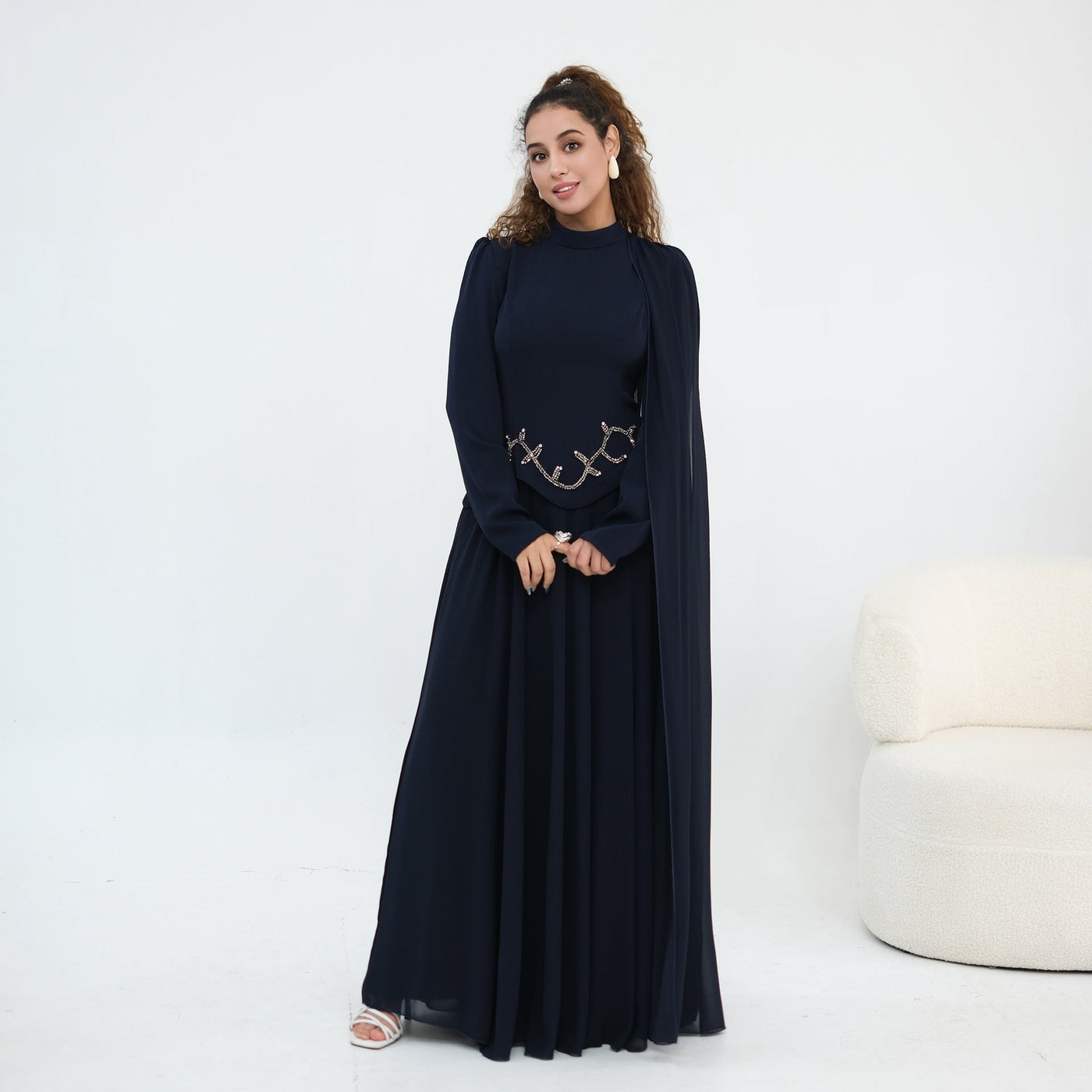 Robe Maxi Cape Sleeve à Taille Perlée(MS499)