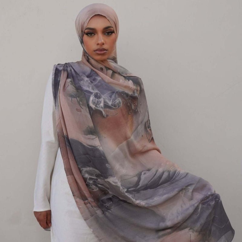 Foulard Hijab Imprimé Luxueux Aspect Soie | Grand Hijab Rectangulaire 180x85cm (MH146)