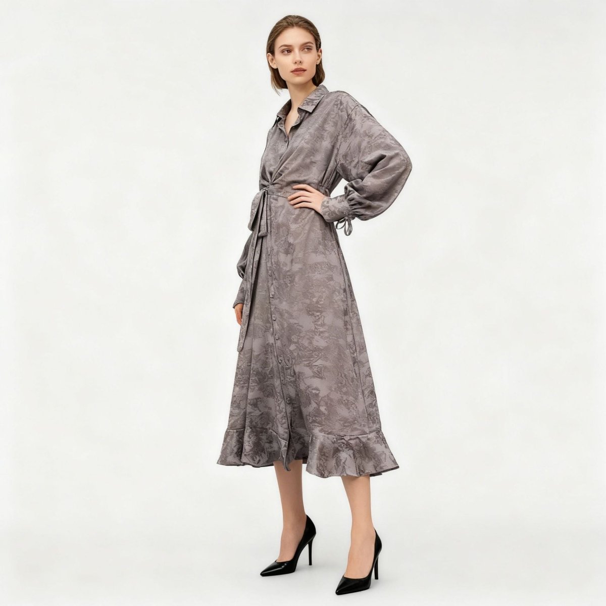 Robe Portefeuille en Jacquard Floral | Robe Maxi à Col et Manches Nouées (MS257)