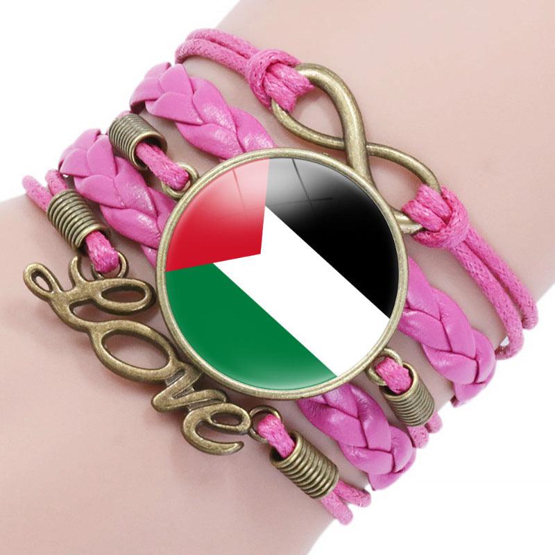 Bracelet multicouche motif keffieh drapeau palestinien avec pierres fines "time", "love" & ∞ (MAC080)