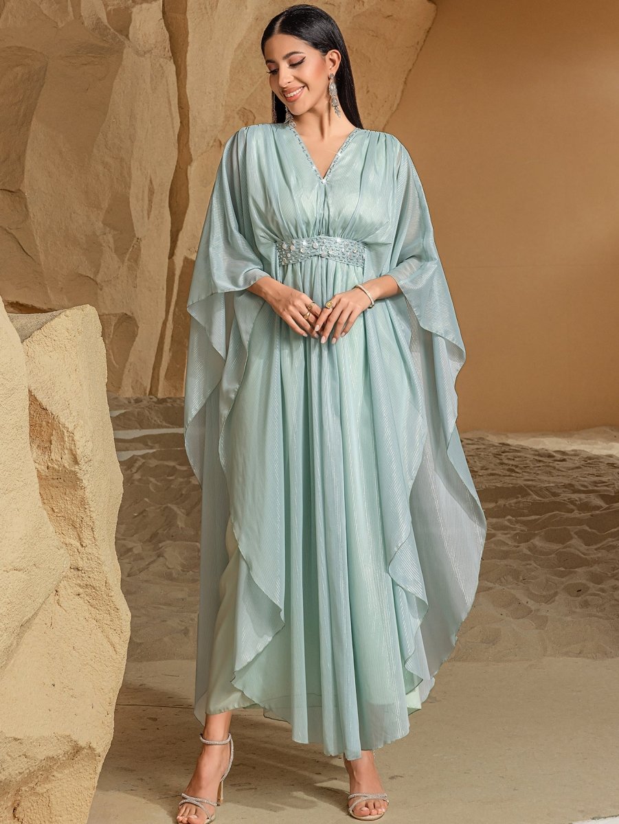 Élégante Abaya Robe pour Voyage et Soirée, Col en V, Perles Brodées à la Main, Finition Luxueuse (MA188)