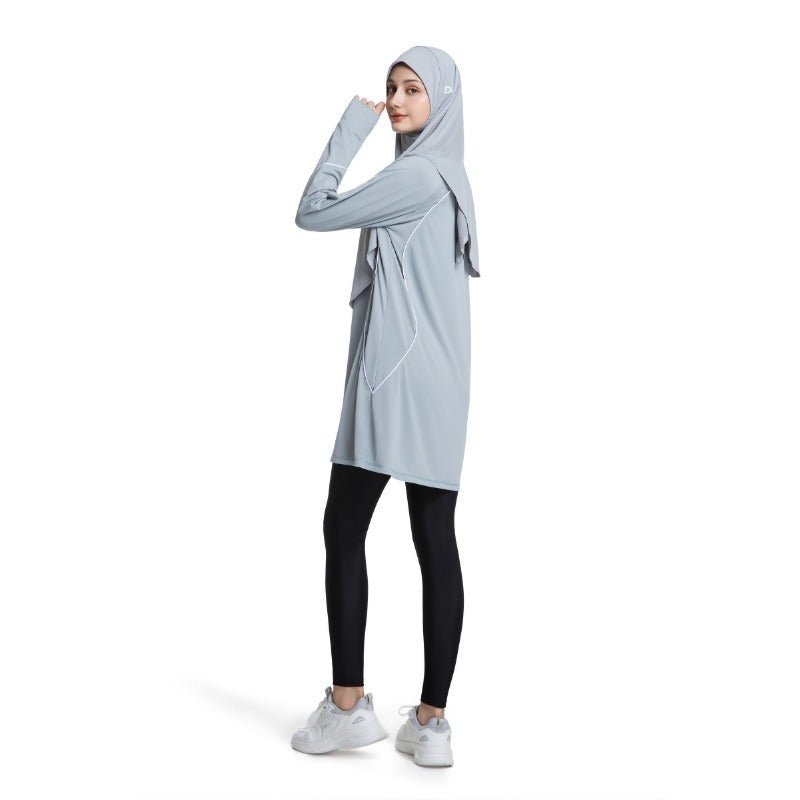 Haut de sport modeste à manches longues pour femme, séchage rapide | Tunique athlétique en polyester pour yoga, lignes épurées (MS114)