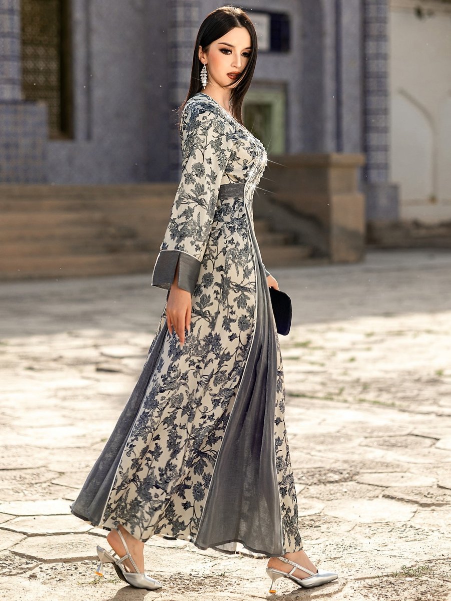 Robe Maxi élégante à col en V, en satin, avec fleurs brodées à la main de perles et de cristaux, manches longues, avec Abaya grise (MA192)