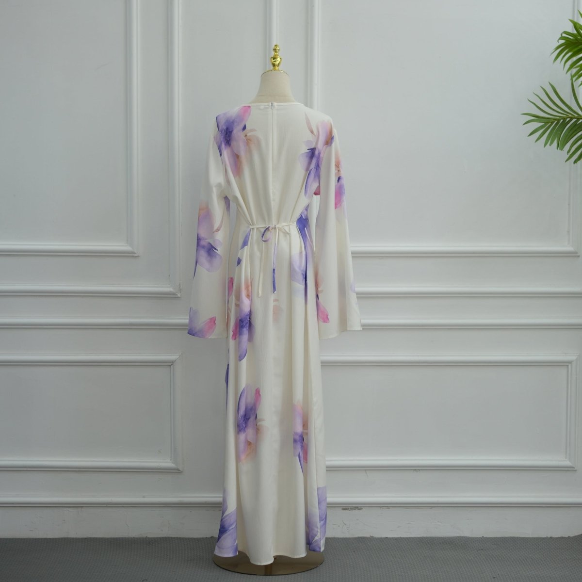 Robe Maxi à Manches Larges en Crinkle Délavé Floral Aquarelle (MS473)