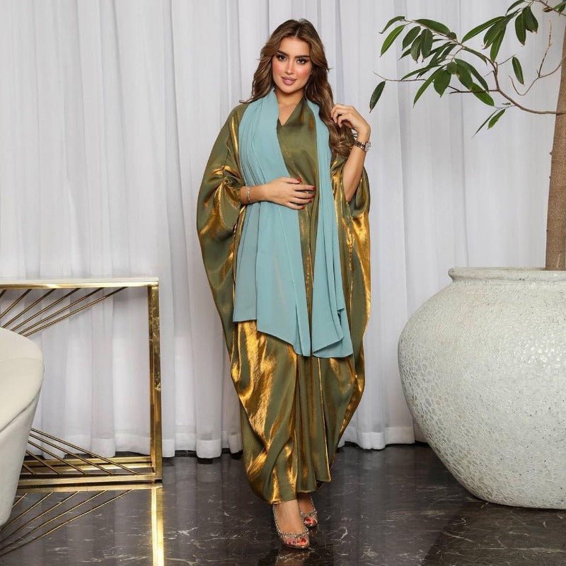 Robe Abaya Luxueuse en Satin de Soie à Manches Chauve-souris | Robe de Soirée Pudique Col en V (MOA225)