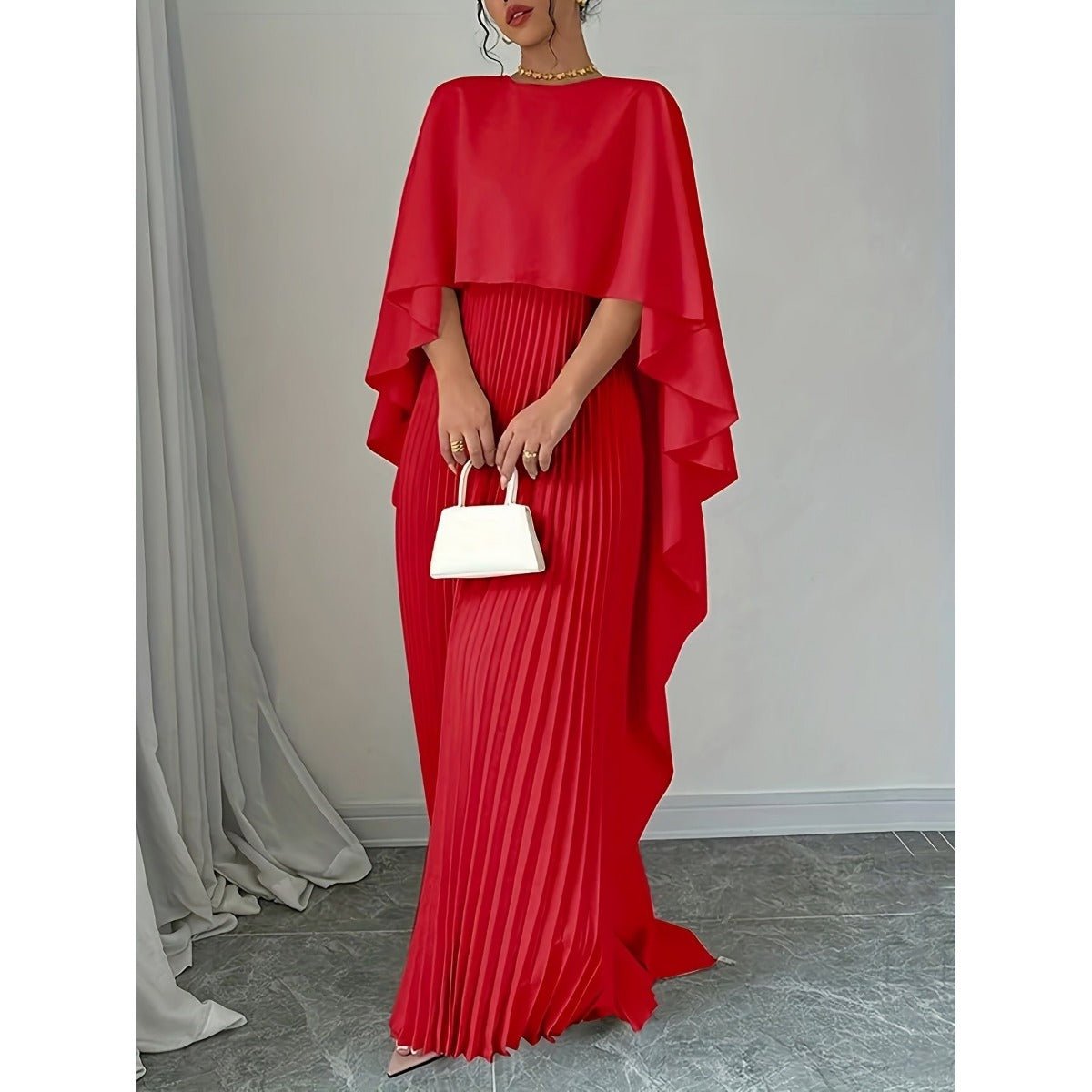 Robe Maxi Plissée à Manches Chauve-souris | Robe Cape Blanc Crème à Manches Cloche Spectaculaires (MA241)