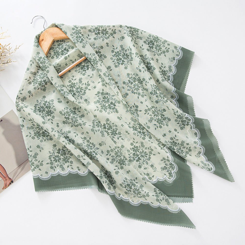 Hijab en voile MH072 à imprimé floral carré, à bordure ondulée