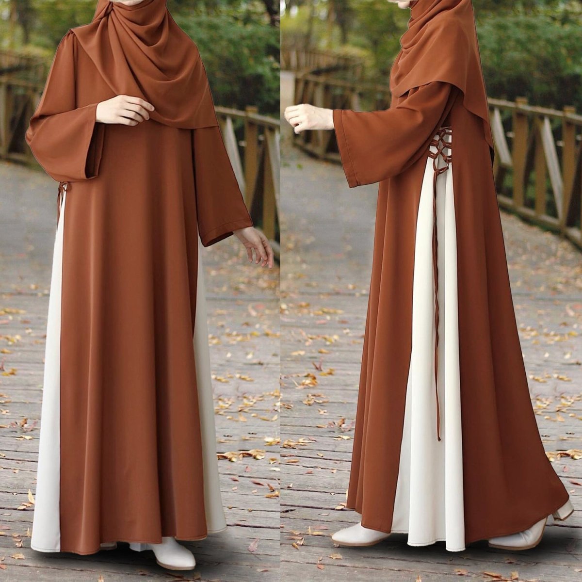 Abaya bicolore avec nœud sur le côté | Abaya maxi bicolore à col rond (MA362)