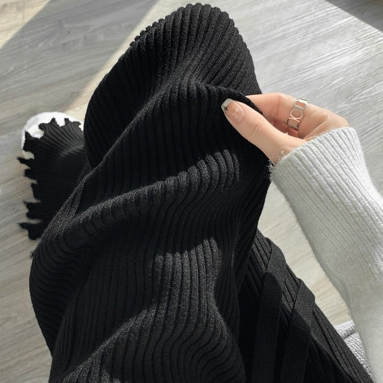 Pantalon large en maille côtelée effet effiloché | Pantalon évasé taille haute à cordon de serrage (MS164)