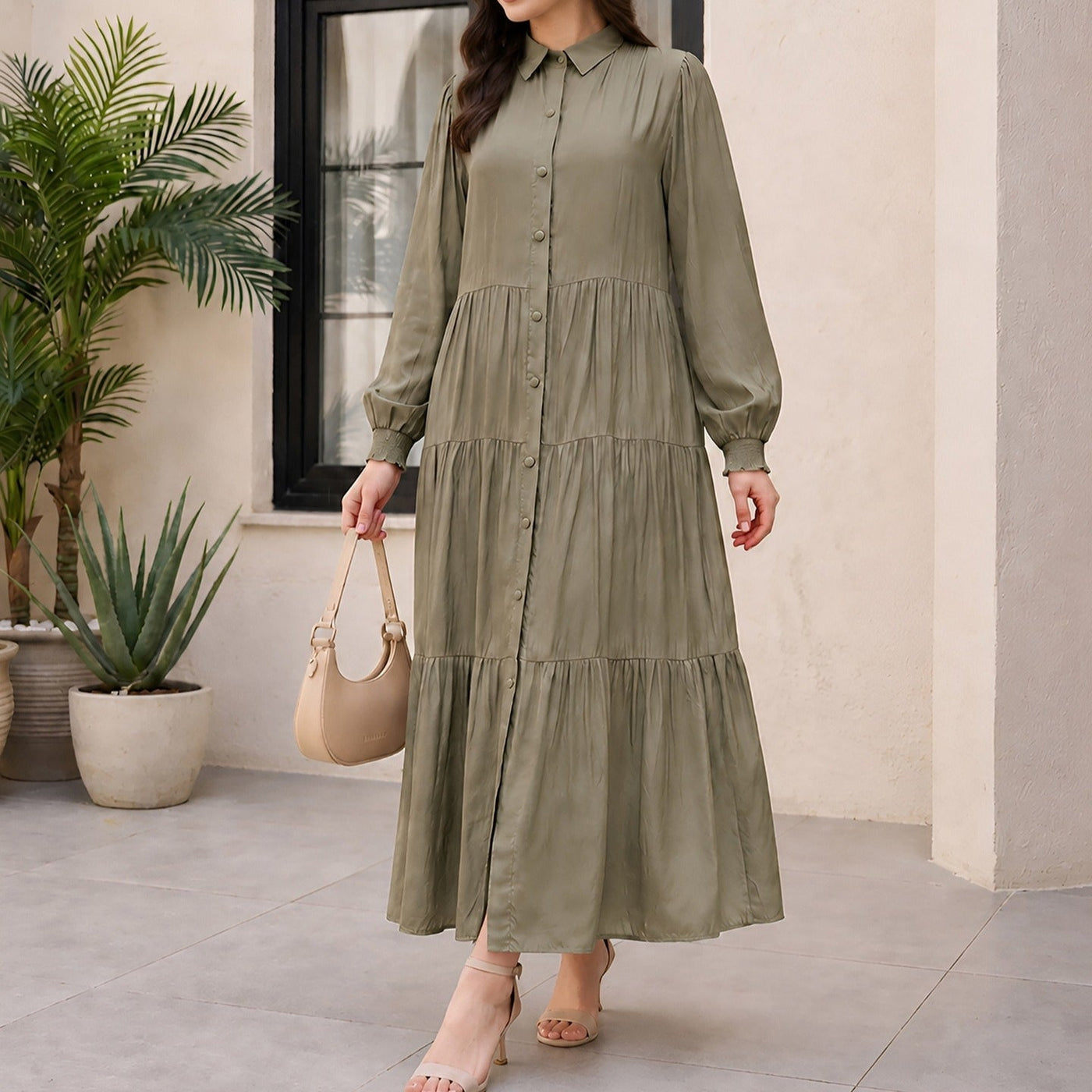 Robe Maxi à Encolure Chemise, Boutons et Volants Étagés (MA465)