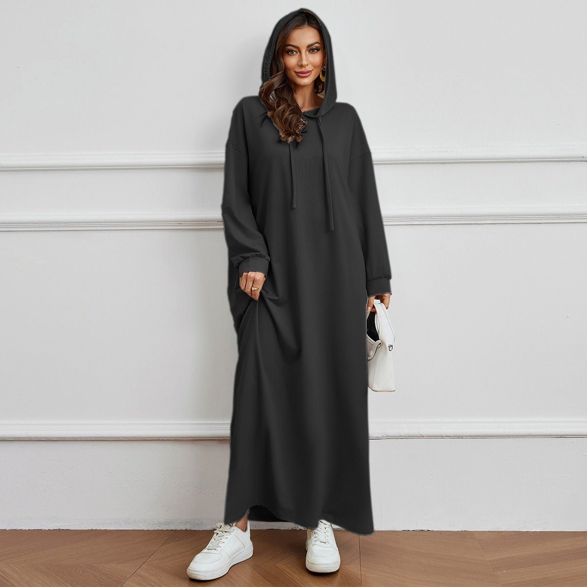 Robe Décontractée à Capuche avec Poche, Couleur Unie - Robe d'Intérieur Pudique à Manches Longues avec Capuche à Cordon (MA282)