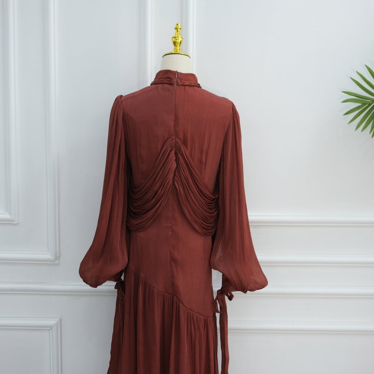 Robe Maxi à Col Tressé, Fronces et Franges (MS406)