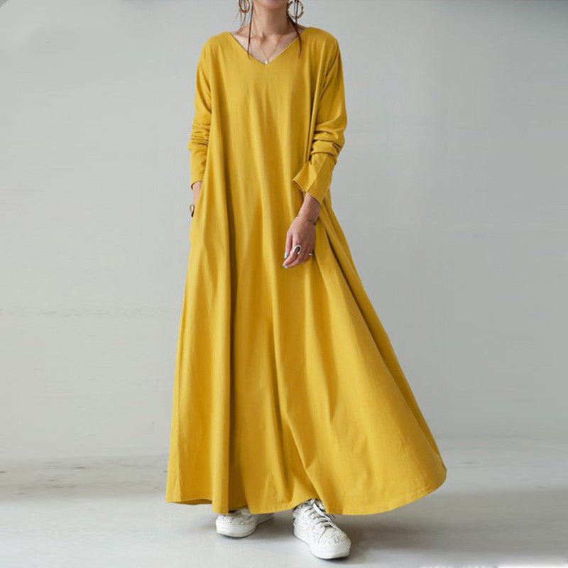 Robe Maxi Élégante à Col en V et Manches Longues | Robe Ample avec Poches Cachées(MA314)