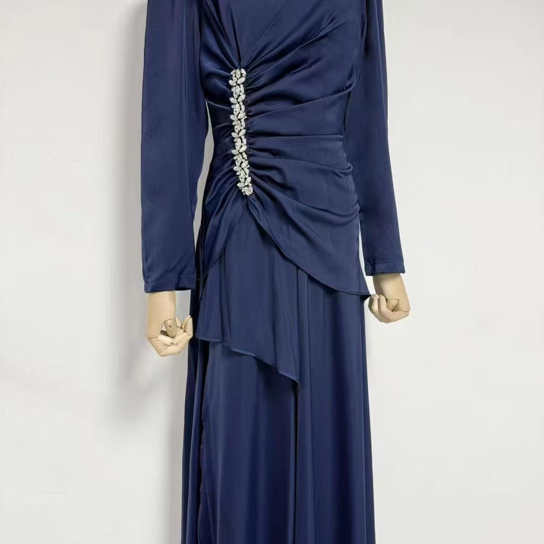 Robe froncée ornée de cristaux avec jupe à volant asymétrique (MS346)