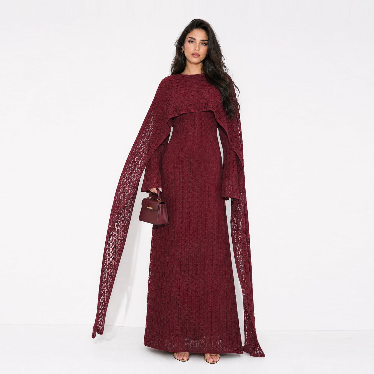 Robe Maxi Doublée à Manches Cape et Dentelle Florale Texturée (MS519)