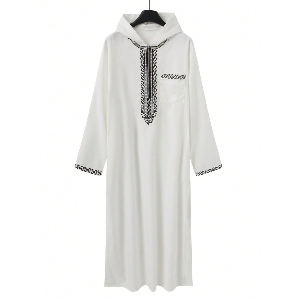 Thobe Robe pour Homme Premium avec Capuche, Coupe Ample de Luxe, Broderie et Calligraphie Islamique, Fermeture Zippée (MT024)