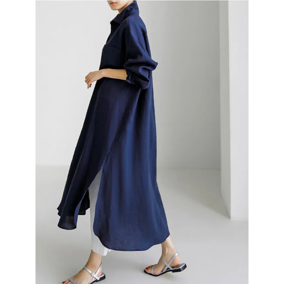 Robe-chemise décontractée et élégante en lin mélangé pour musulmanes | Maxi robe modeste boutonnée devant avec fentes latérales (MS096)
