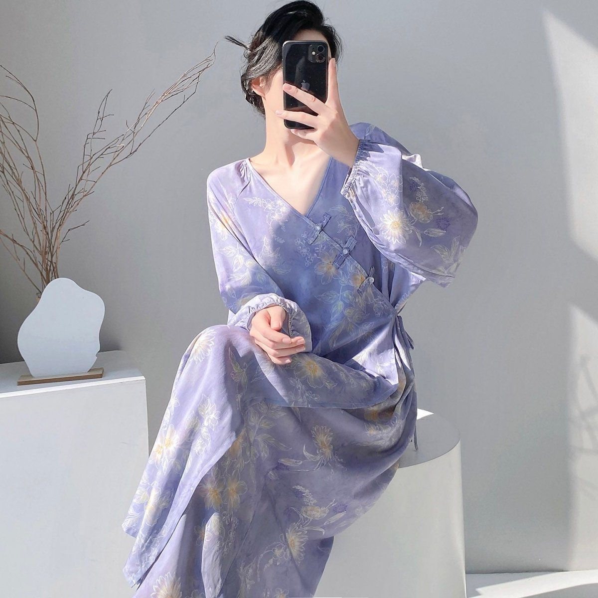 Robe portefeuille longue à motif jacquard et imprimé, style chinois (MS424)