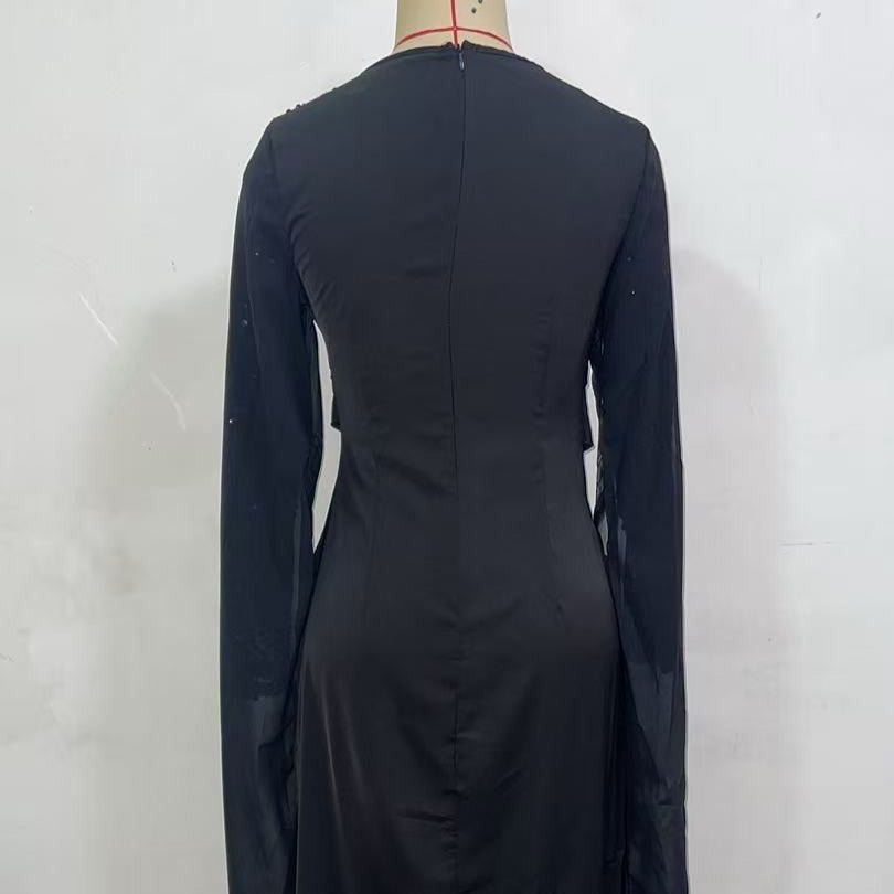 Robe Formelle Ornée de Sequins | Robe Moulante à Manches Longues et Effet Drapé (MS272)
