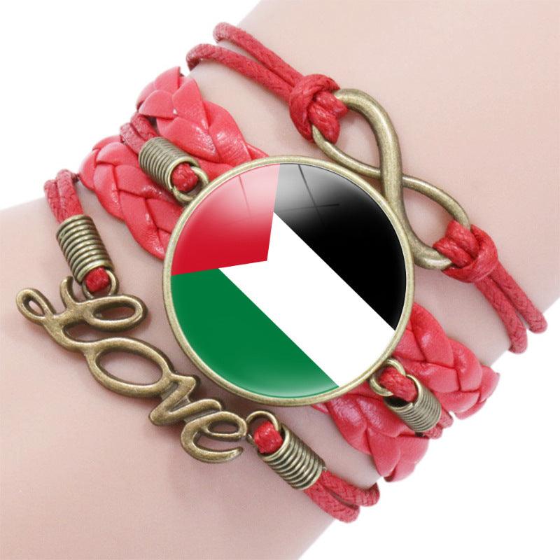 Bracelet multicouche motif keffieh drapeau palestinien avec pierres fines "time", "love" & ∞ (MAC080)