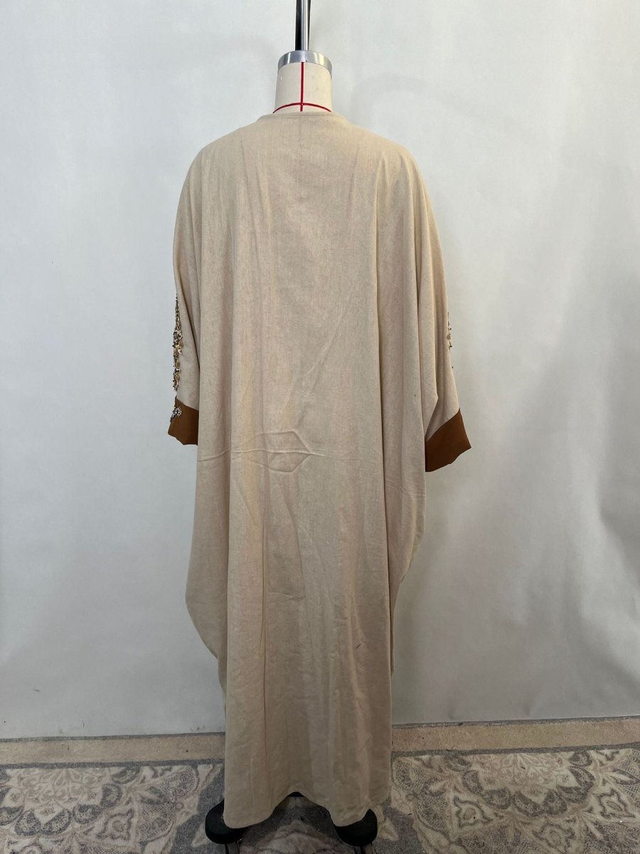 Veste Abaya de Luxe en Perles Rouille pour Mariage et Fêtes Musulmanes, Kaki avec Broderie Dorée Contrastante (MOA158)