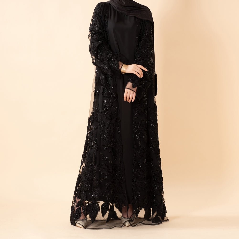 Abaya ouverte de luxe couture ornée de fleurs 3D (MOA300)