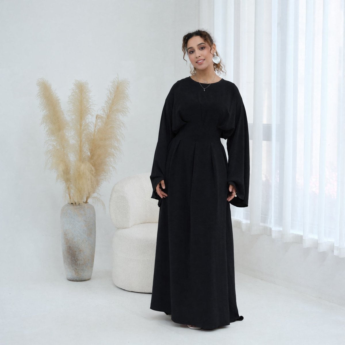 Robe Maxi Plissée à Manches Chauve-Souris (MS453)