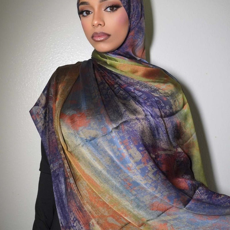 Foulard Hijab Imprimé Luxueux Aspect Soie | Grand Hijab Rectangulaire 180x85cm (MH146)