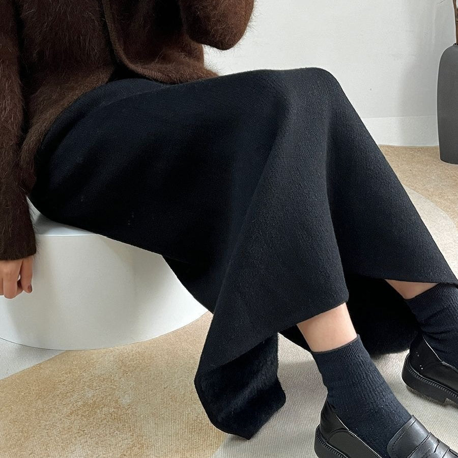 Jupe midi polaire hiver | Jupe en maille chaude taille haute avec fente latérale (MS207)