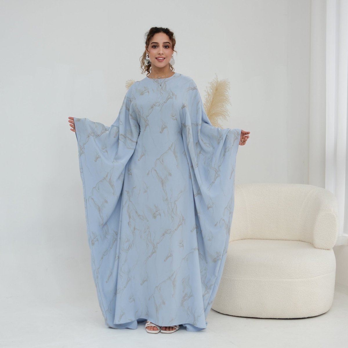Robe Longue Imprimée à Manches Chauve-Souris (MA446)